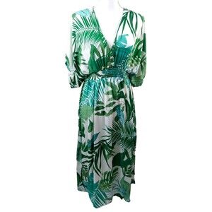 Boutique Sundress Small Fit And Flare Green Floral Maxi Deep V Neck Dress Slit